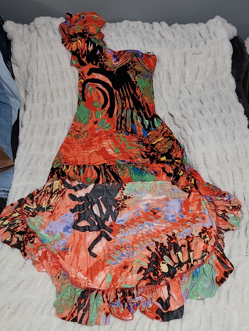 One Of A KindVibrant Orange Abstract Print Maxi High-Low Dress With One Shoulder